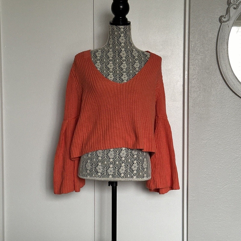 Free People Damsel Bell Sleeve Chunky Knit V-neck Sweater Womens Large